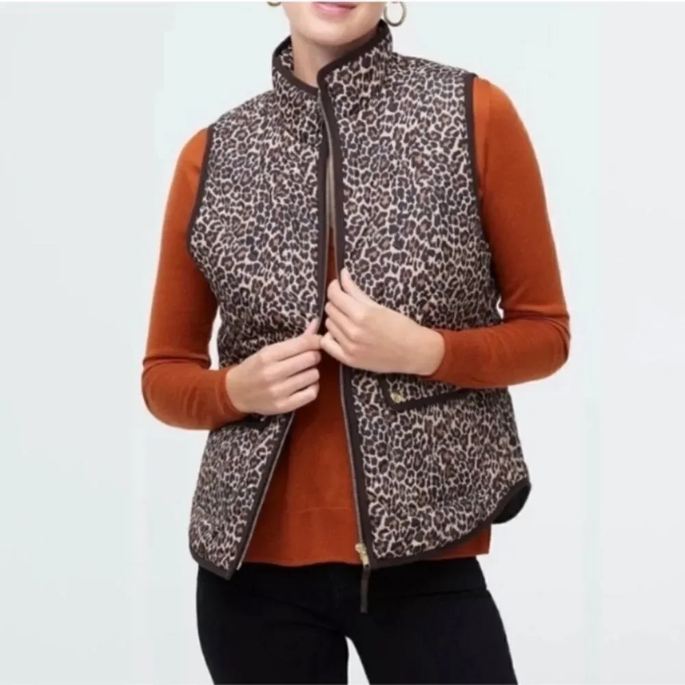 J.crew quilted puffer vest zip up leopard brown‎